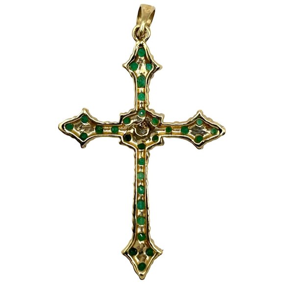 14k Yellow Gold Natural Emerald and Diamond Cross Pendant - Picture 4 of 8
